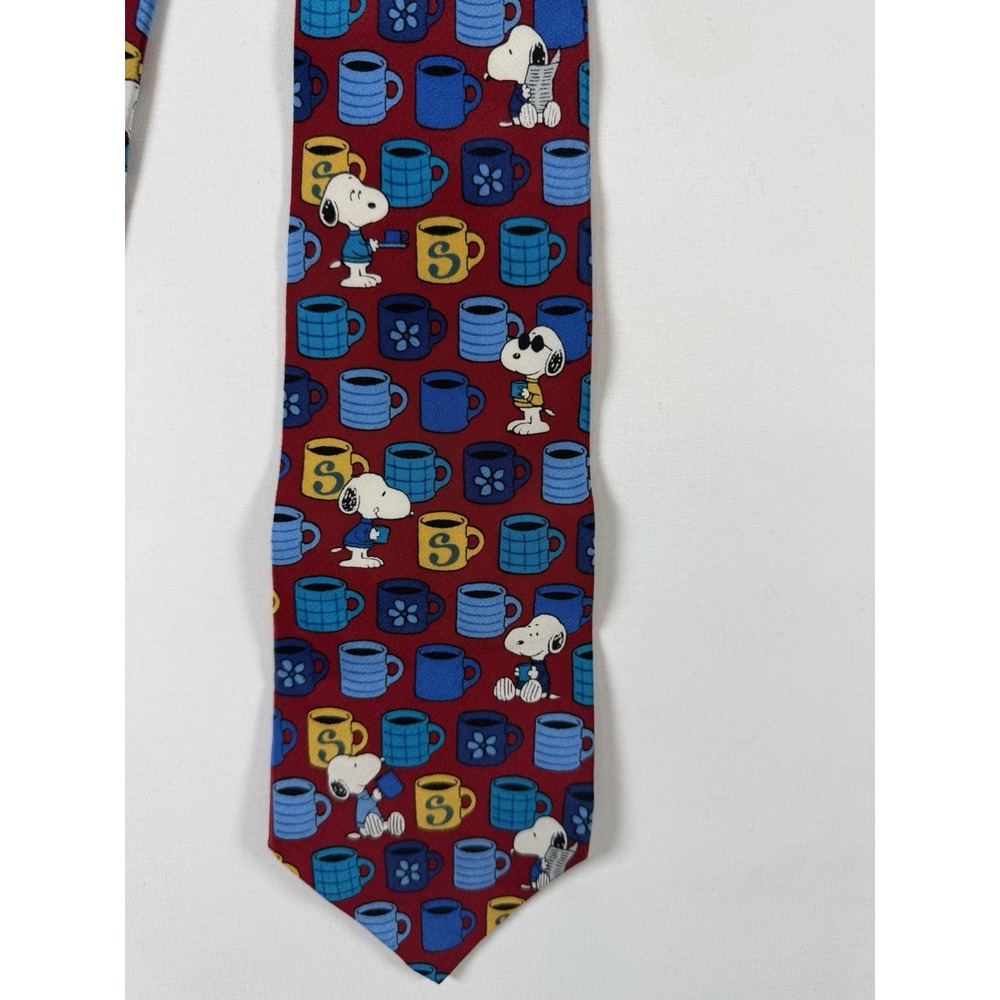 Snoopy Peanuts 100% Silk Necktie "I'm Awake" Coffee Mug Pattern Red
